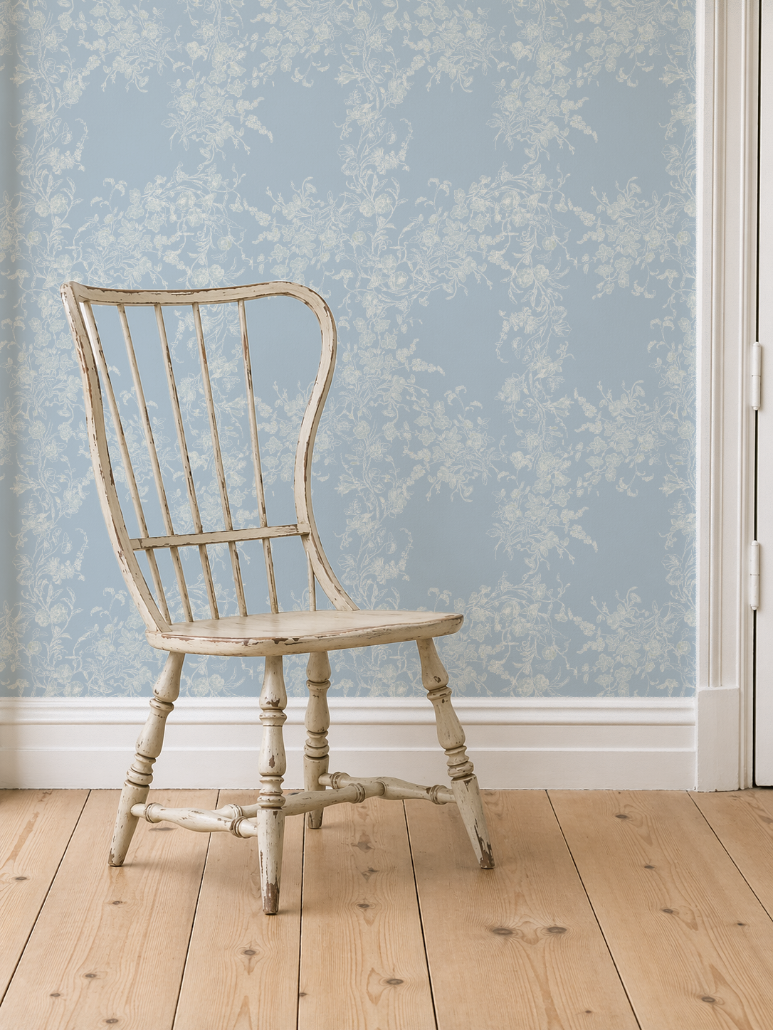 Sun Room Wallpaper | Climbing Floral Vine | Misty Blue Monochrome | Melissa Dayton Wallpaper