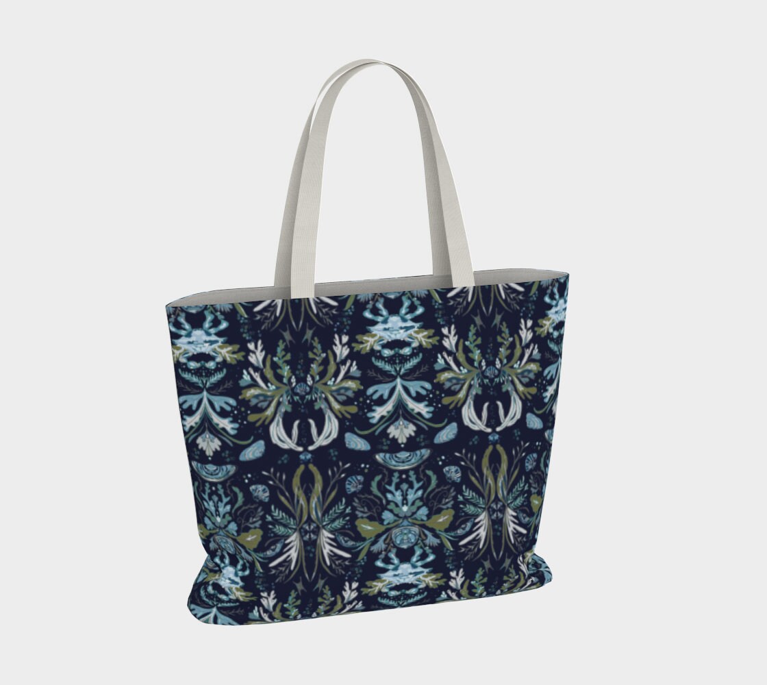 navy crab damask tote