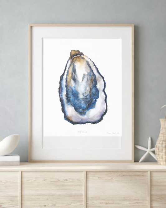 Oyster 2 – Hand-Painted Coastal Oyster Print in Deep Blue (Unframed)
