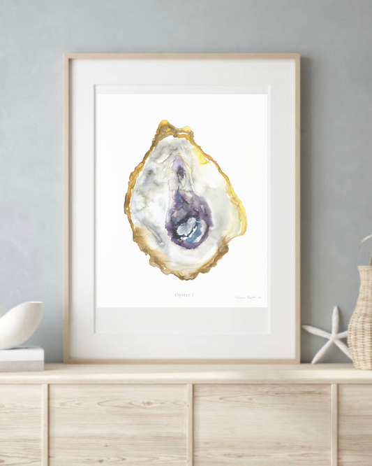 Oyster 1 – Coastal Art Print in Gold, Blue & Soft Purple  (Unframed)