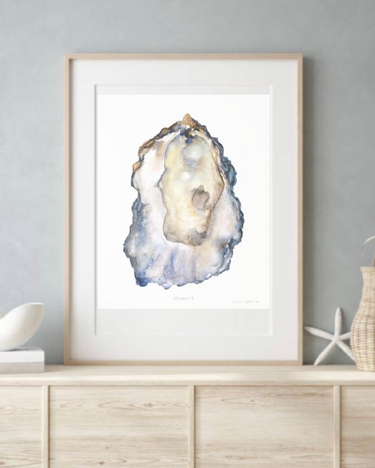 Oyster 5 – Subtle Lace & Blue Coastal Art Print (Unframed)