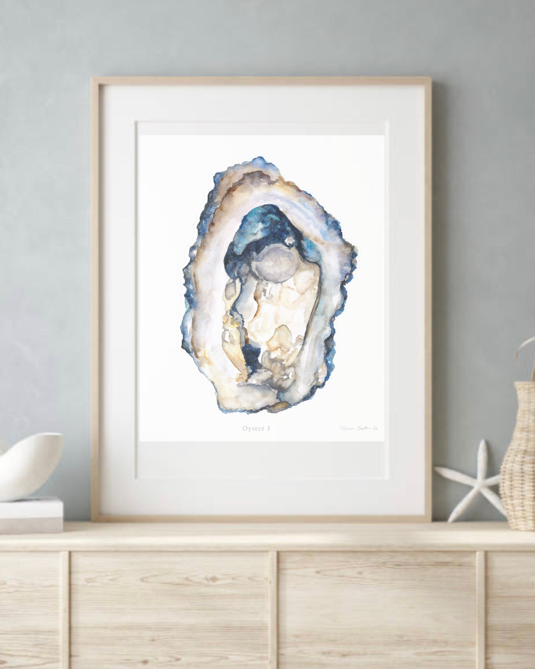 Oyster 3 Shell Art Print – Blue & Lace Coastal Design (Unframed)