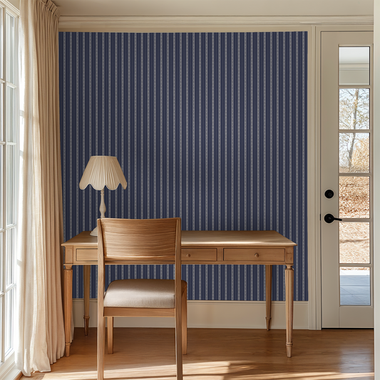 Larchmont Lobster Stripe – Tonal Coastal Wallpaper | Melissa Dayton Art Navy and White