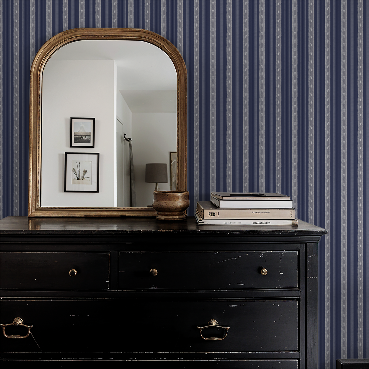 Larchmont Lobster Stripe – Tonal Coastal Wallpaper | Melissa Dayton Art Navy and White