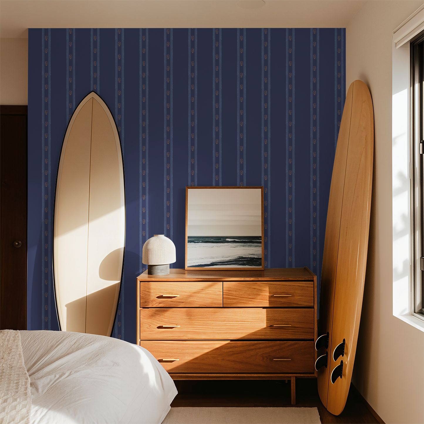 Saugatuck Harbor Lobster Stripe – Coastal Lobster Wallpaper | Melissa Dayton Art Navy and White