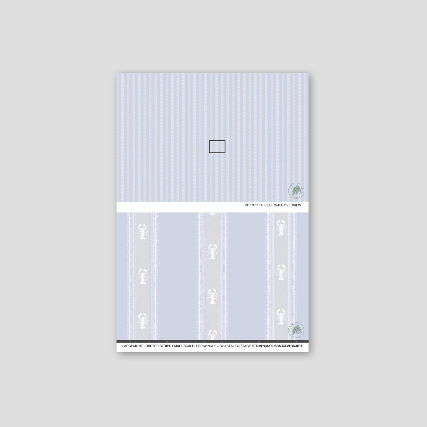 Larchmont Lobster Stripe Small Scale- Periwinkle – Coastal Cottage Stripe Wallpaper | Melissa Dayton Art