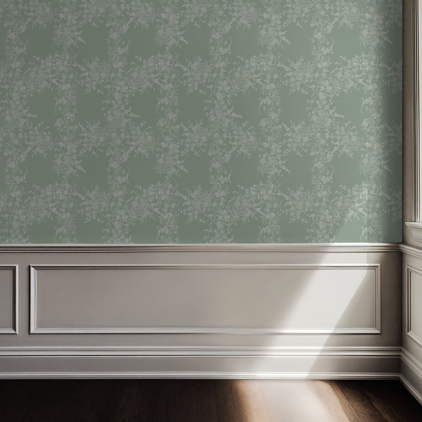 Sun Room Wallpaper | Climbing Floral Vine |Garden Green Monochrome | Melissa Dayton Wallpaper