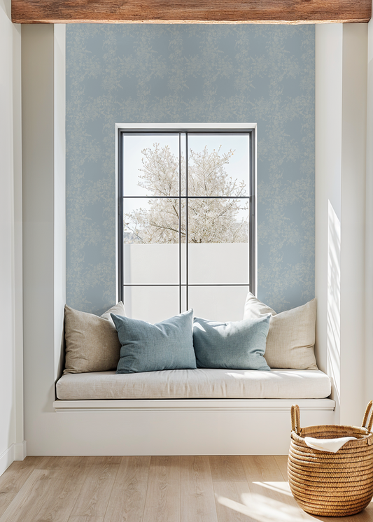 Sun Room Wallpaper | Climbing Floral Vine | Misty Blue Monochrome | Melissa Dayton Wallpaper