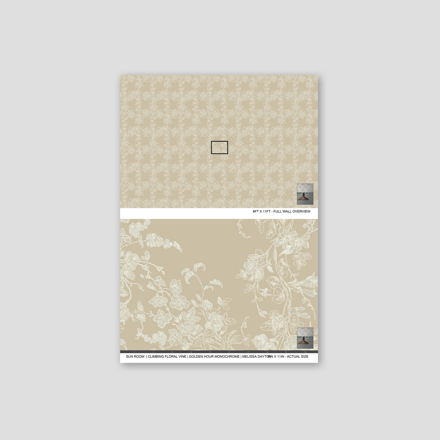 Decorative wall paper sample with floral pattern on a gray background