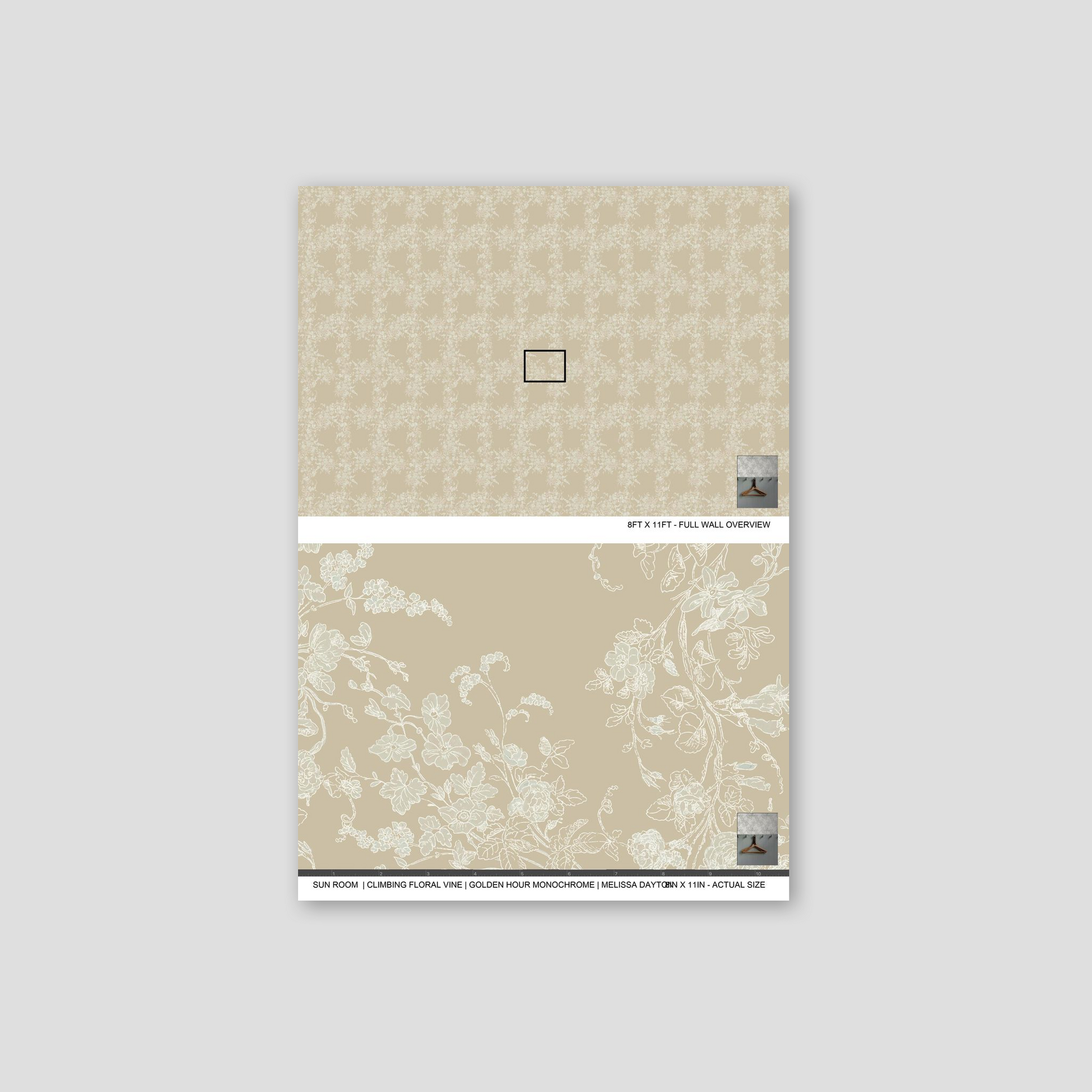 Decorative wall paper sample with floral pattern on a gray background