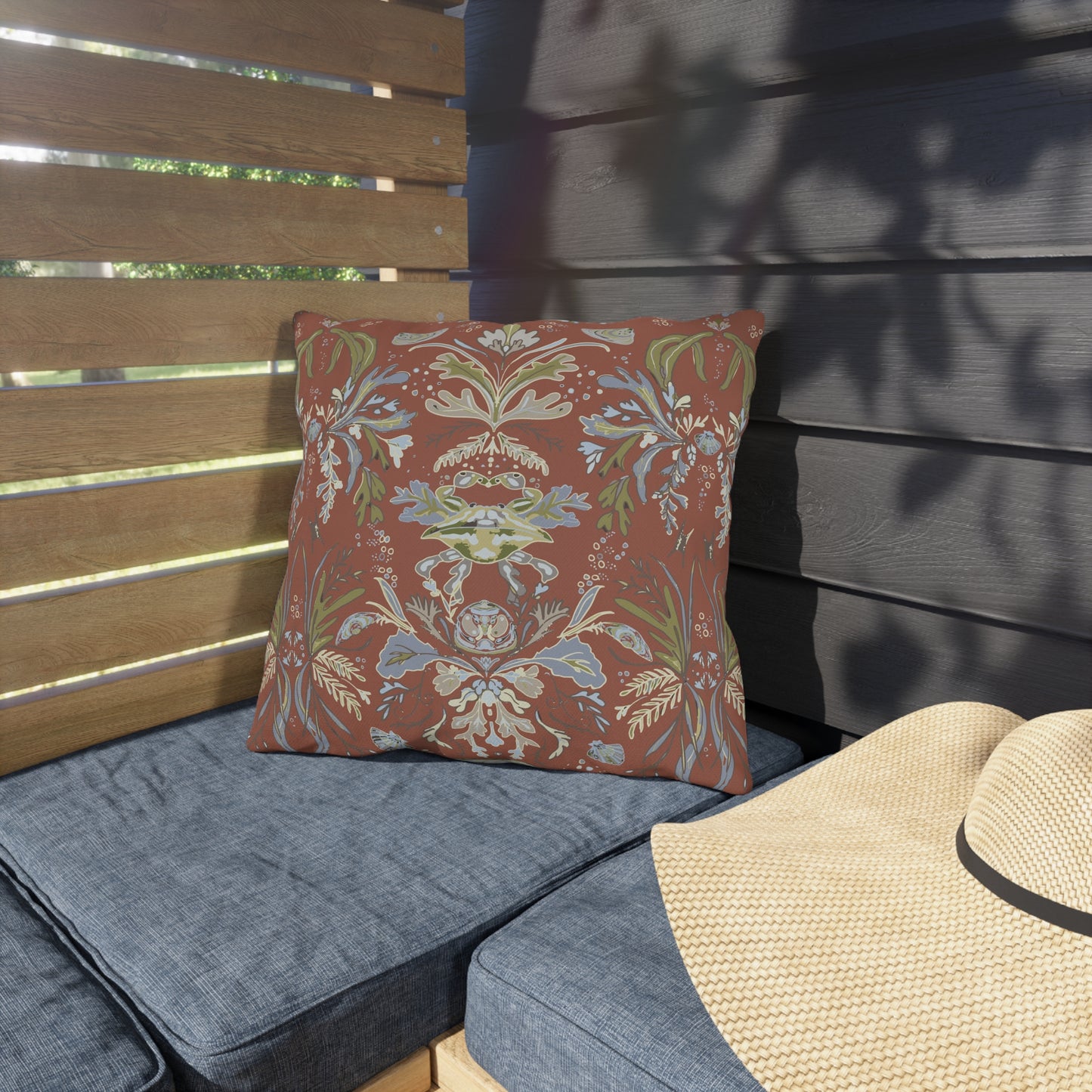Red Crab Damask Outdoor Pillows