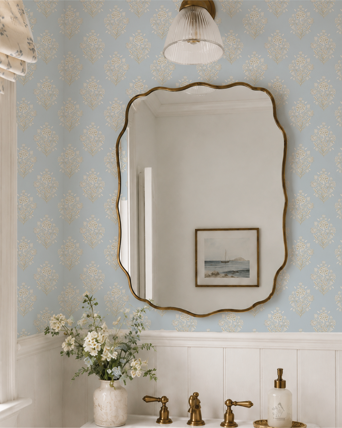 Westport Damask Wallpaper- Harbor Mist Light Blue. Customer Favorite