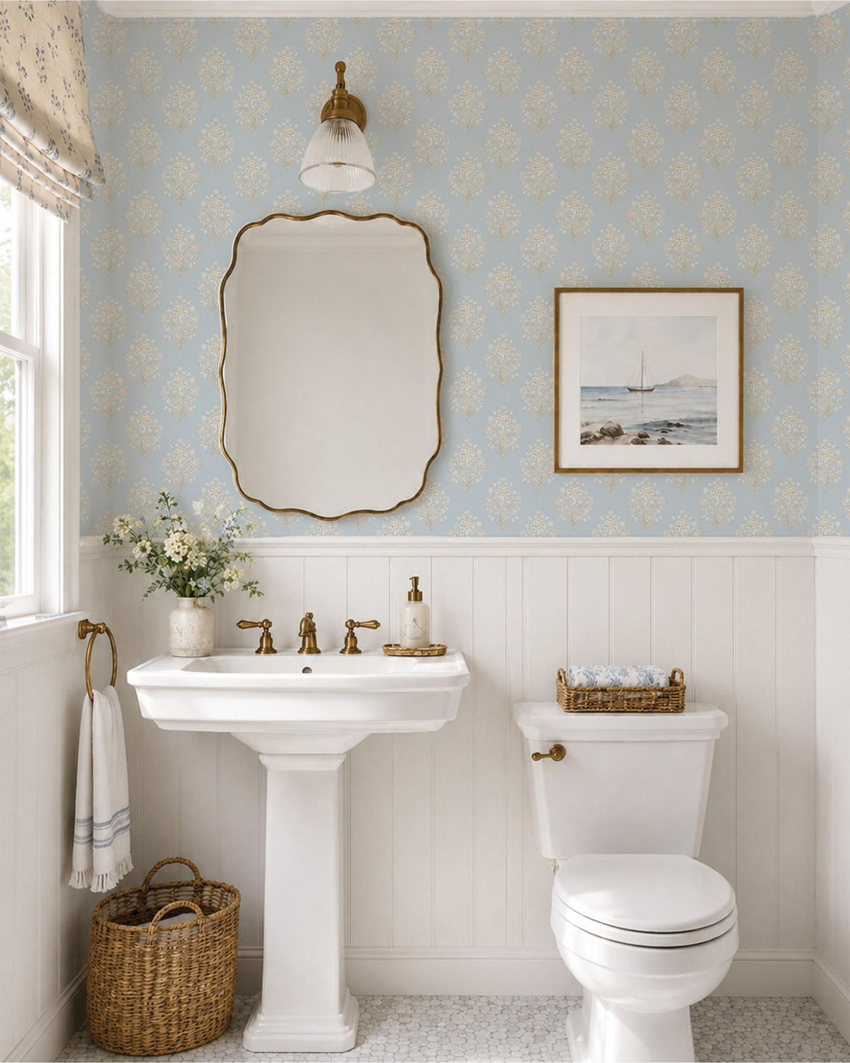 Westport Damask Wallpaper- Harbor Mist Light Blue. Customer Favorite