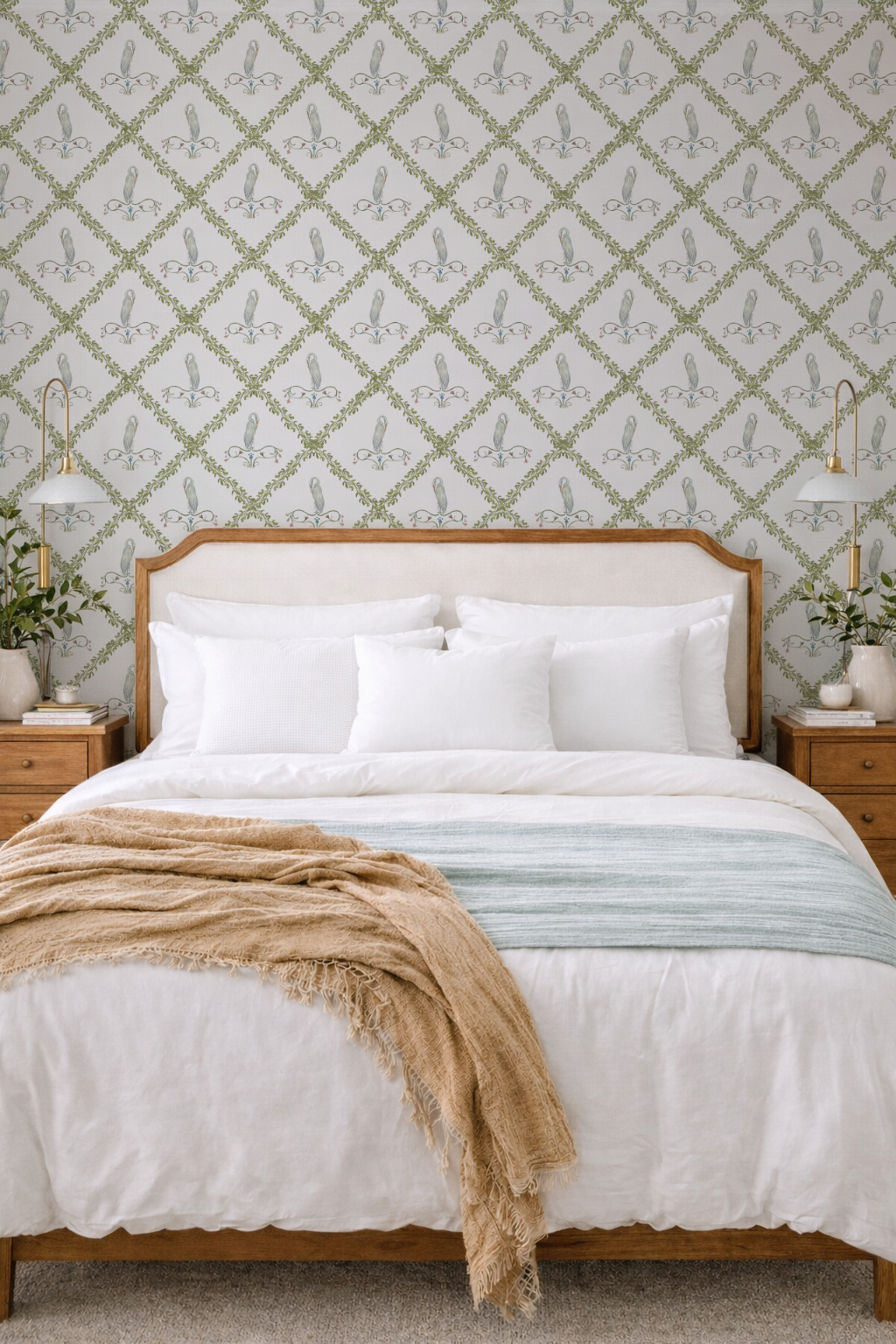 Bedroom with a wooden bed, white bedding, and decorative wallpaper.