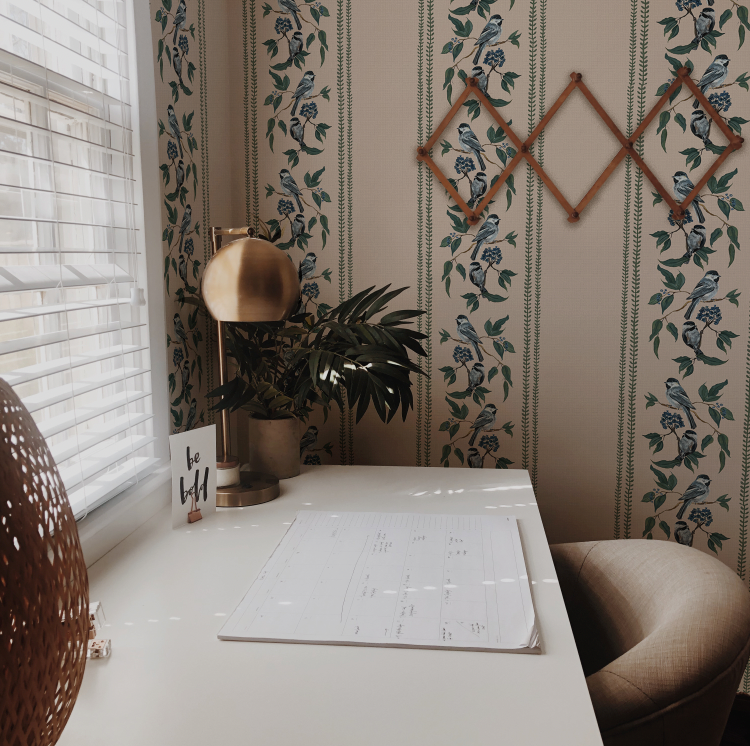 Room interior with a desk, plant, and decorative wall patterns.