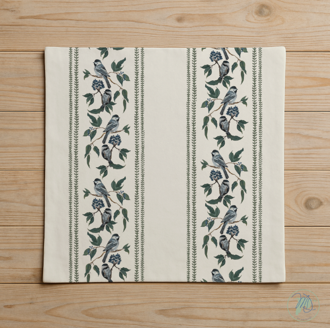 Decorative towel with bird and leaf pattern on a wooden surface