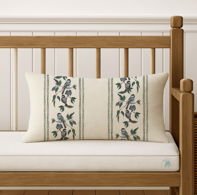 Decorative pillow with bird and floral pattern on a wooden bench.