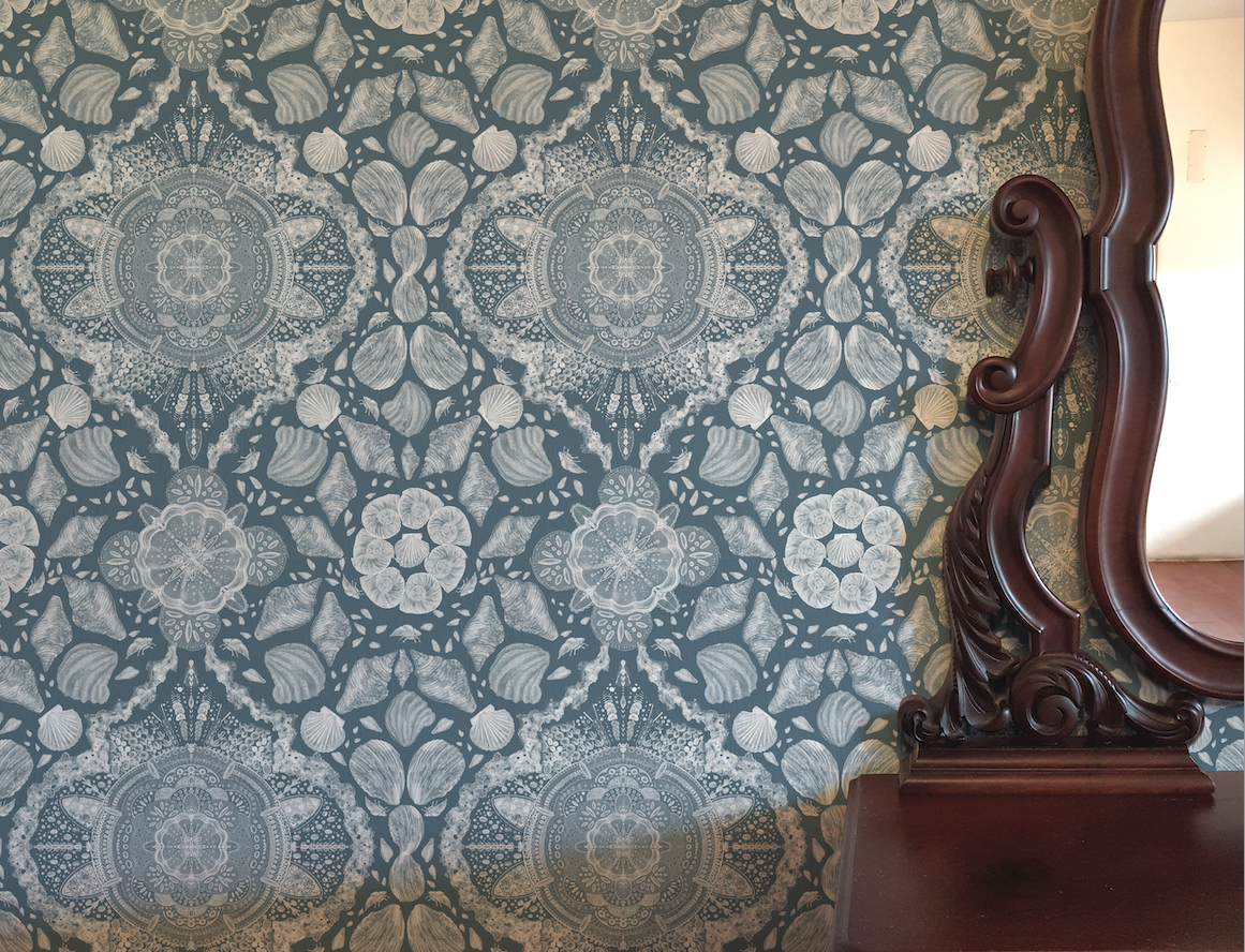Decorative wallpaper with intricate patterns and a wooden chair in the foreground.