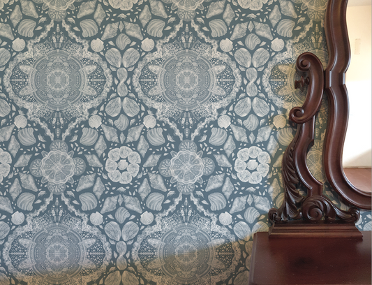 Decorative wallpaper with intricate patterns and a wooden chair in the foreground.