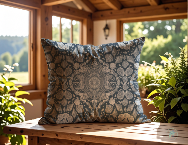 Decorative pillow with intricate pattern on a wooden surface, surrounded by plants and a window view.