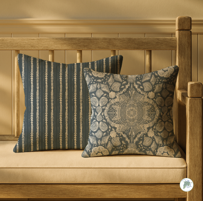 Two decorative pillows on a wooden bench with a neutral background