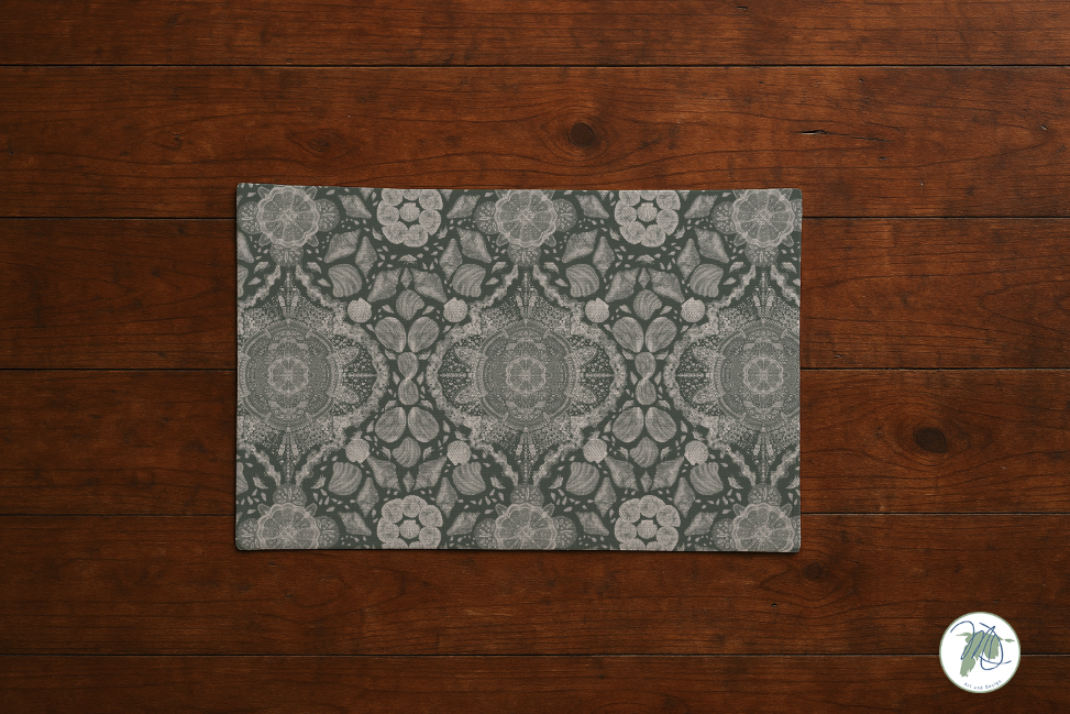 Patterned doormat on a wooden floor