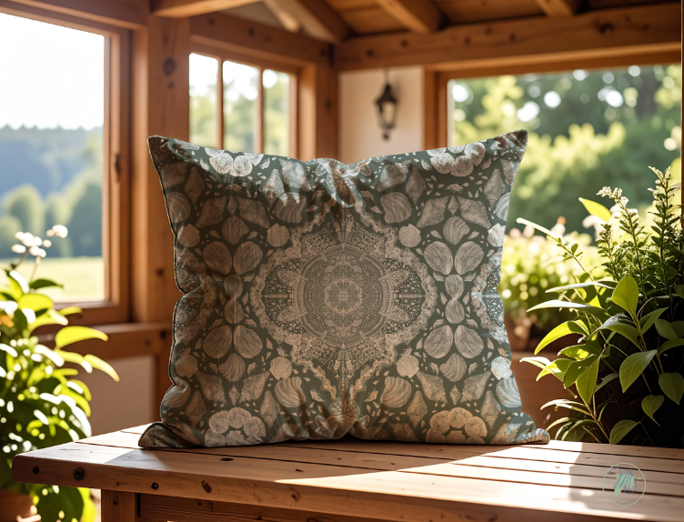 Decorative pillow with floral pattern on a wooden surface, surrounded by plants and a window view.