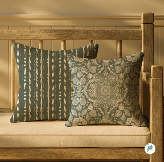 Two decorative pillows on a wooden bench with a neutral background