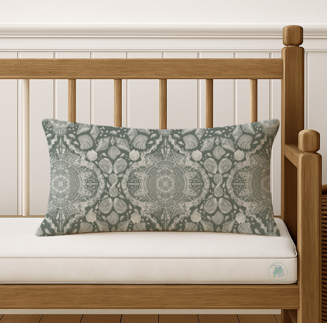 Decorative pillow with a green and gray pattern on a wooden bed frame.