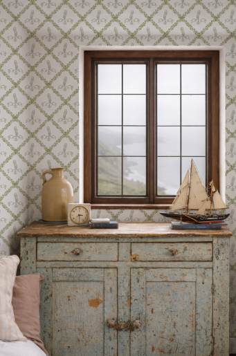 Vintage-style room with a window, wooden cabinet, and decorative items.