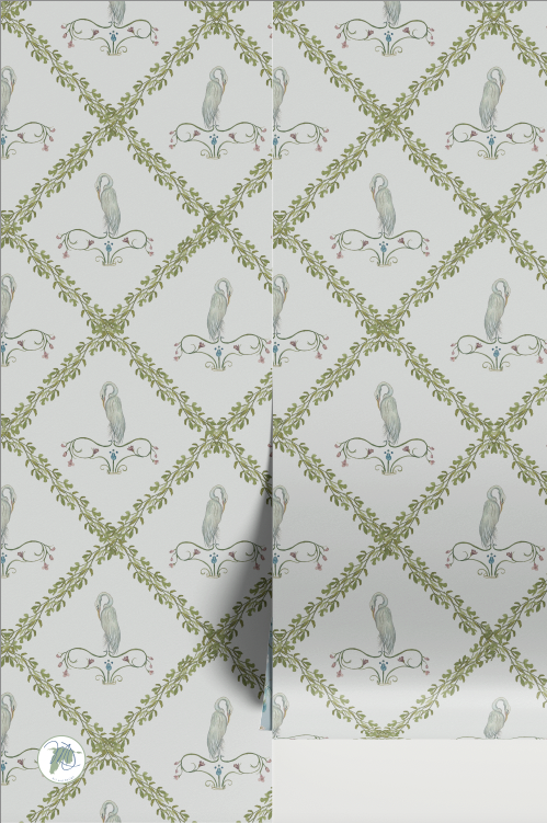 Patterned wallpaper with decorative elements on a white background