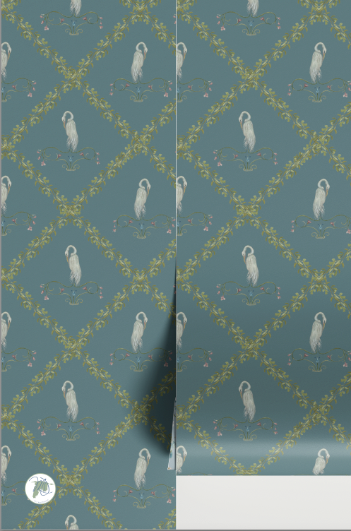Wallpaper with a pattern of white birds and green foliage on a blue background