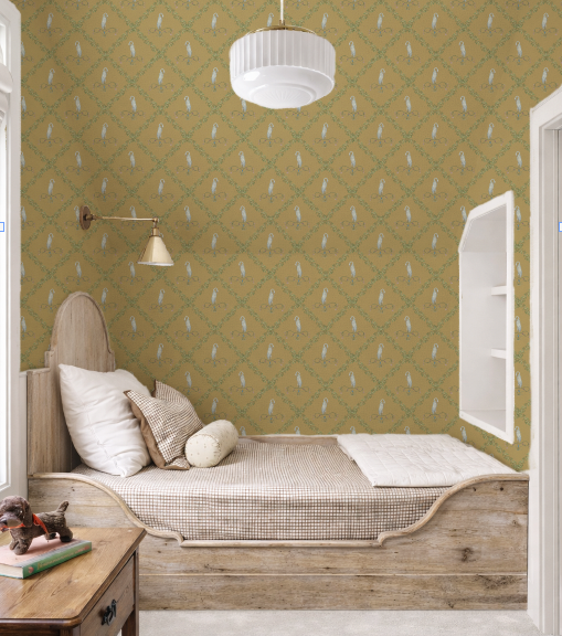 Nursery room with green patterned wallpaper, wooden crib, and decorative elements.