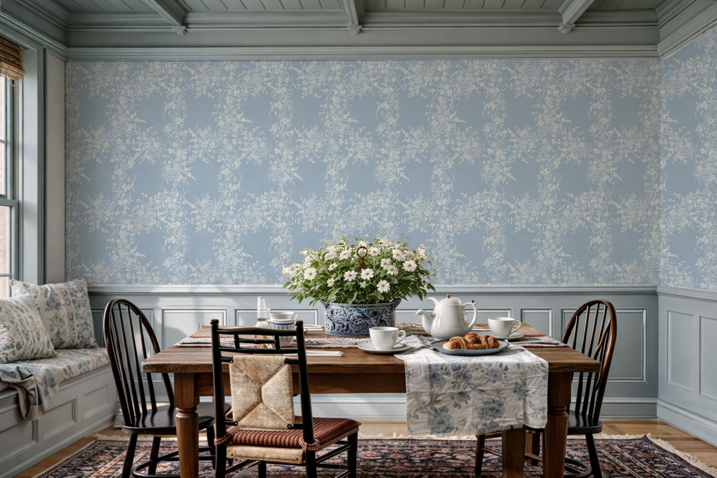 Sun Room Wallpaper | Climbing Floral Vine | Blue Monochrome | Melissa Dayton Wallpaper