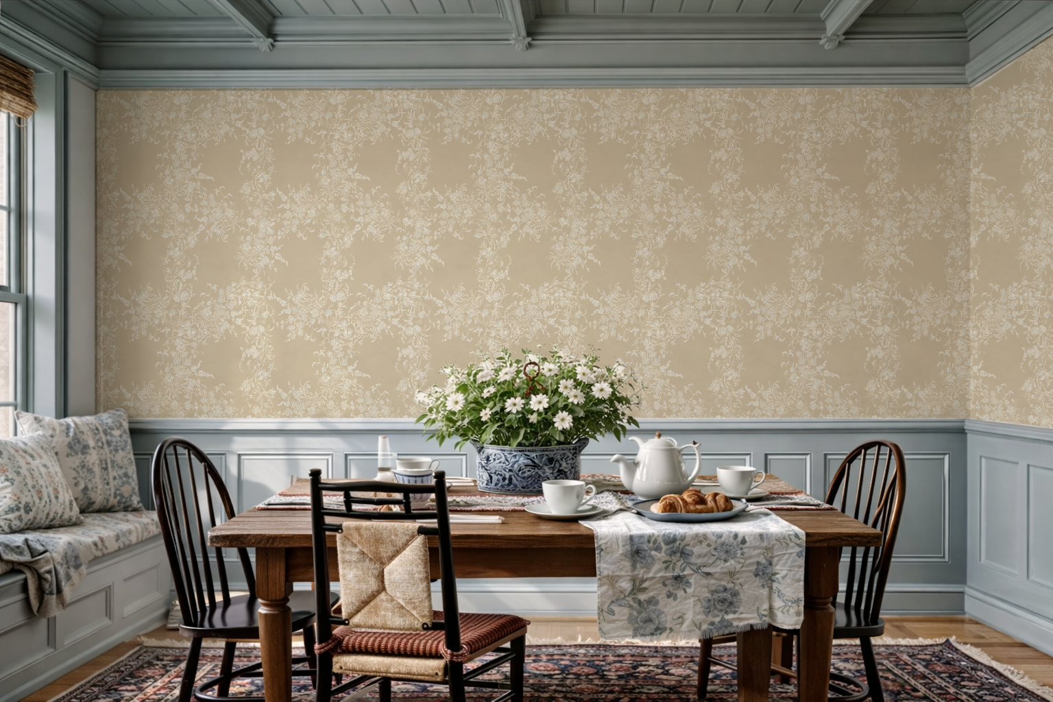 Dining room with wooden table, chairs, and floral arrangement against a patterned wall.