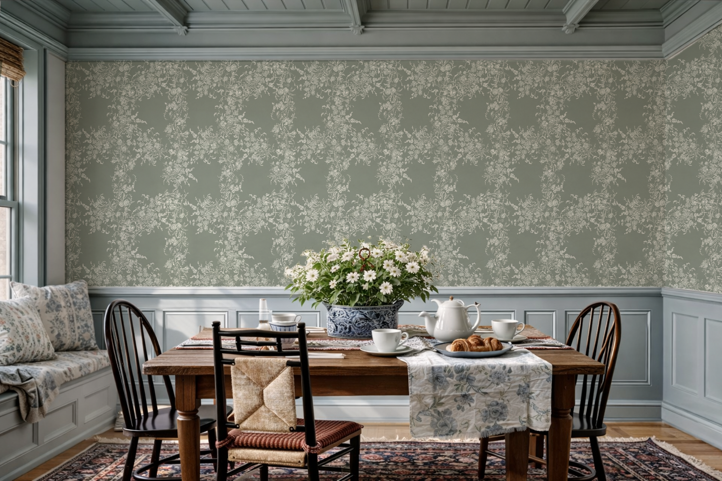 Sun Room Wallpaper | Climbing Floral Vine | Mossy Green  Monochrome | Melissa Dayton Wallpaper