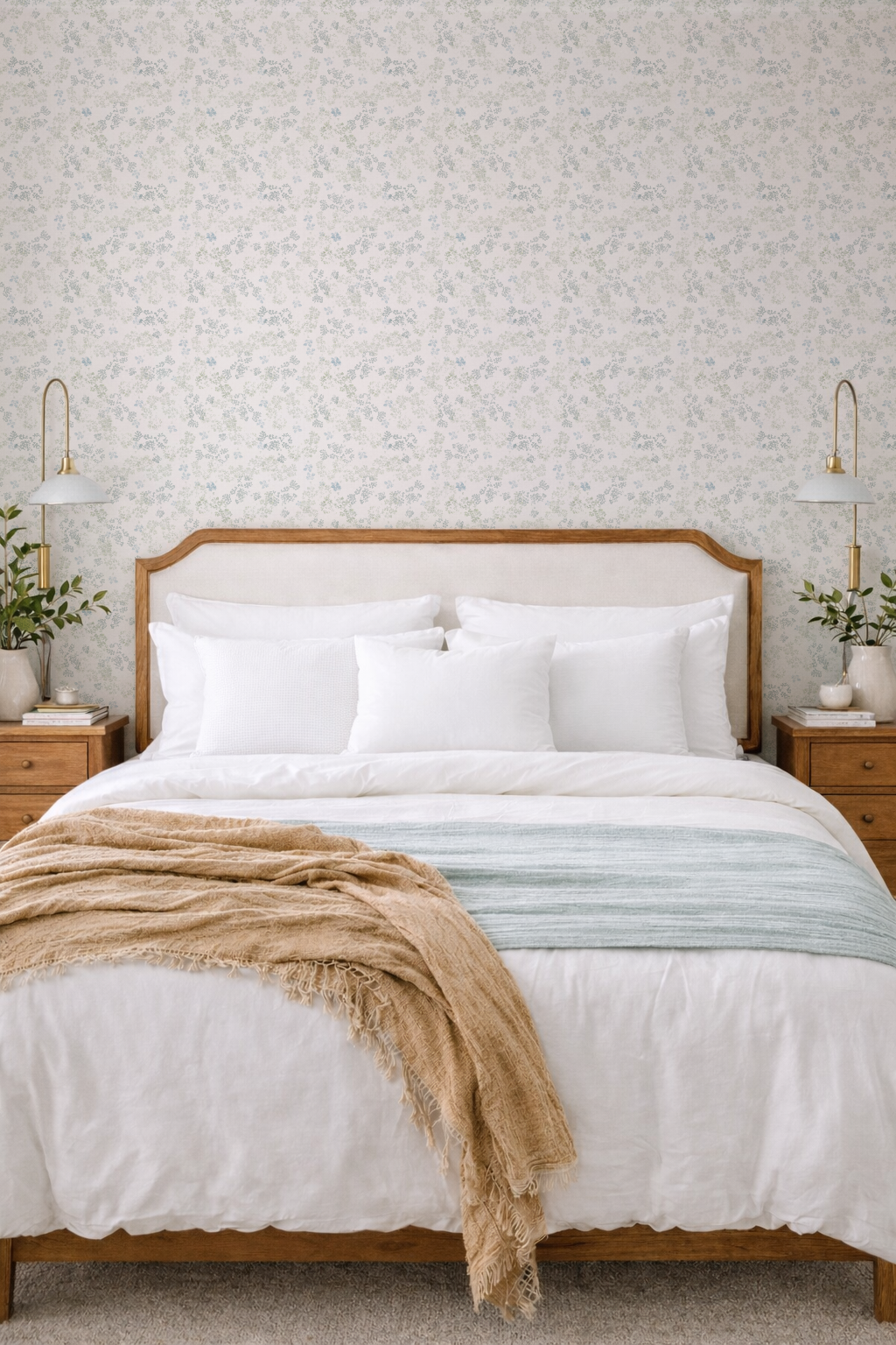 bedroom with soft speckled wallpaper