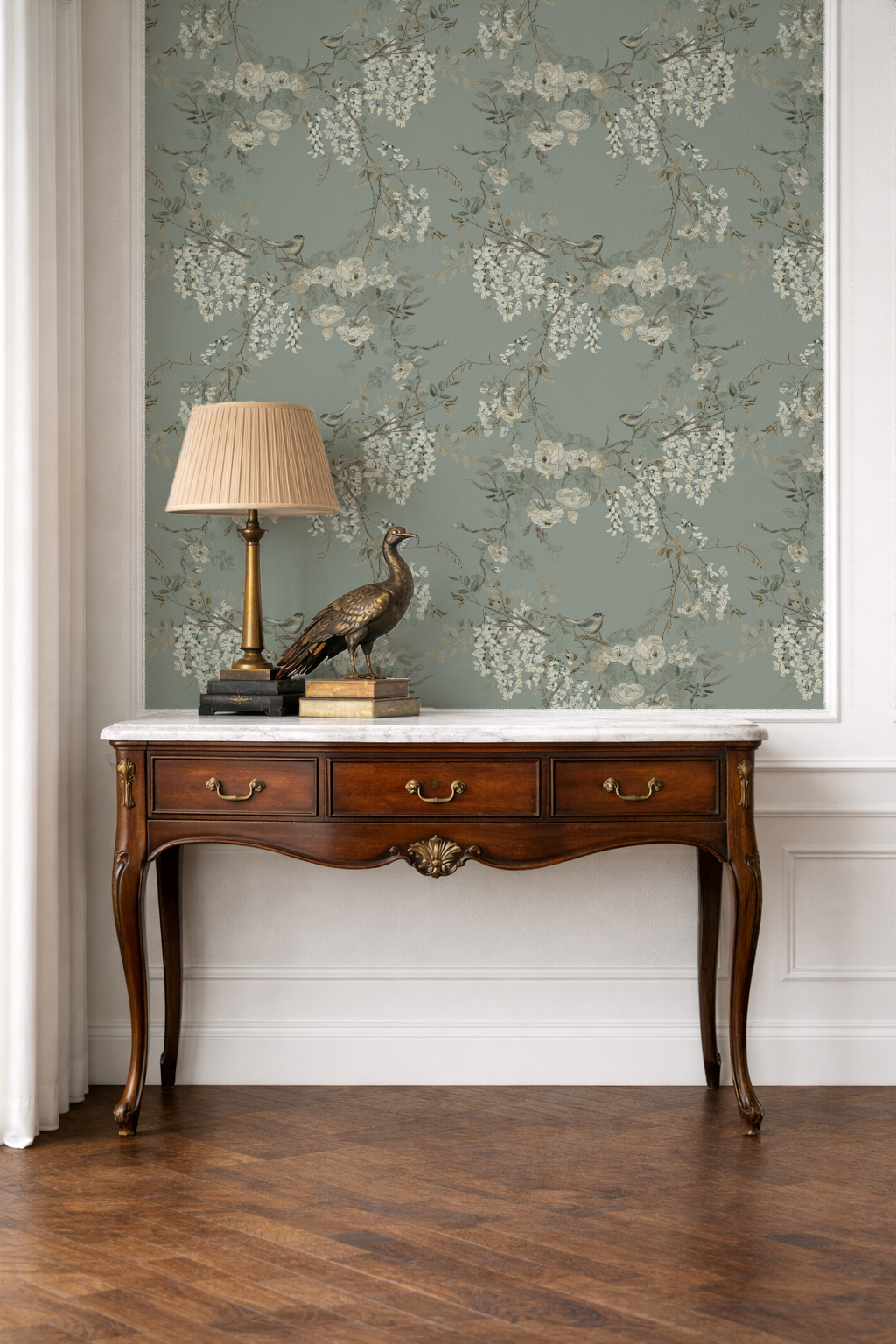 The Morning Room Wallpaper –Cream & Sage Floral & Bird | Traditional Coastal Cottage  Melissa Dayton Wallpaper table_peacock_mock_up_morning_green