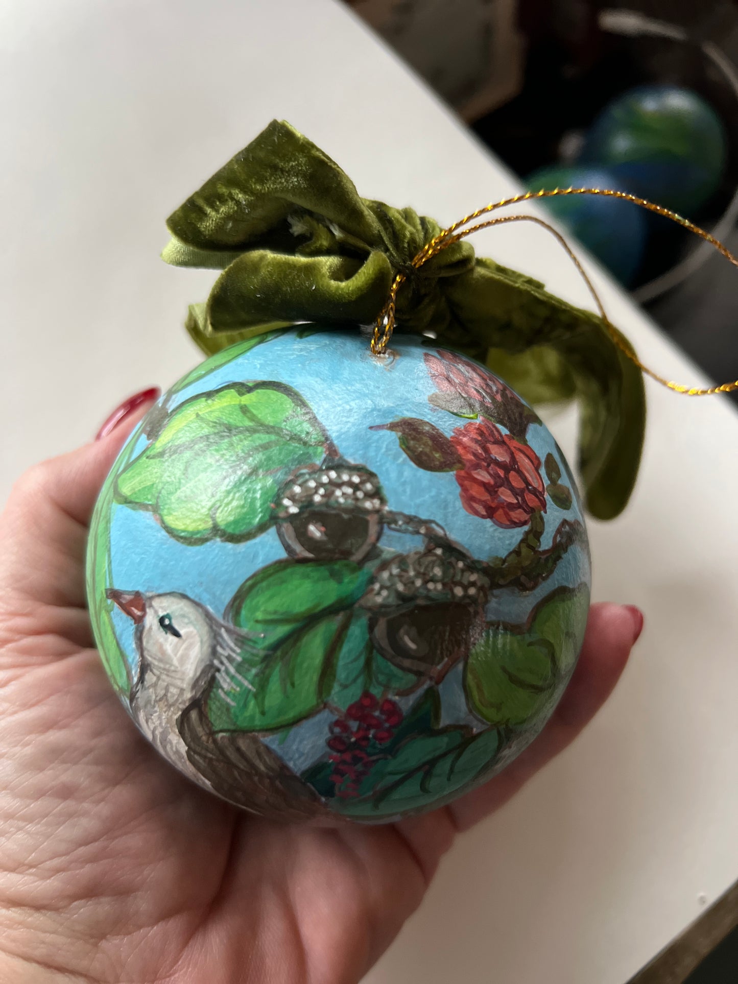 Hand-Painted Chinoiserie Swallow Christmas Ornament, Heirloom Bauble (3.5")
