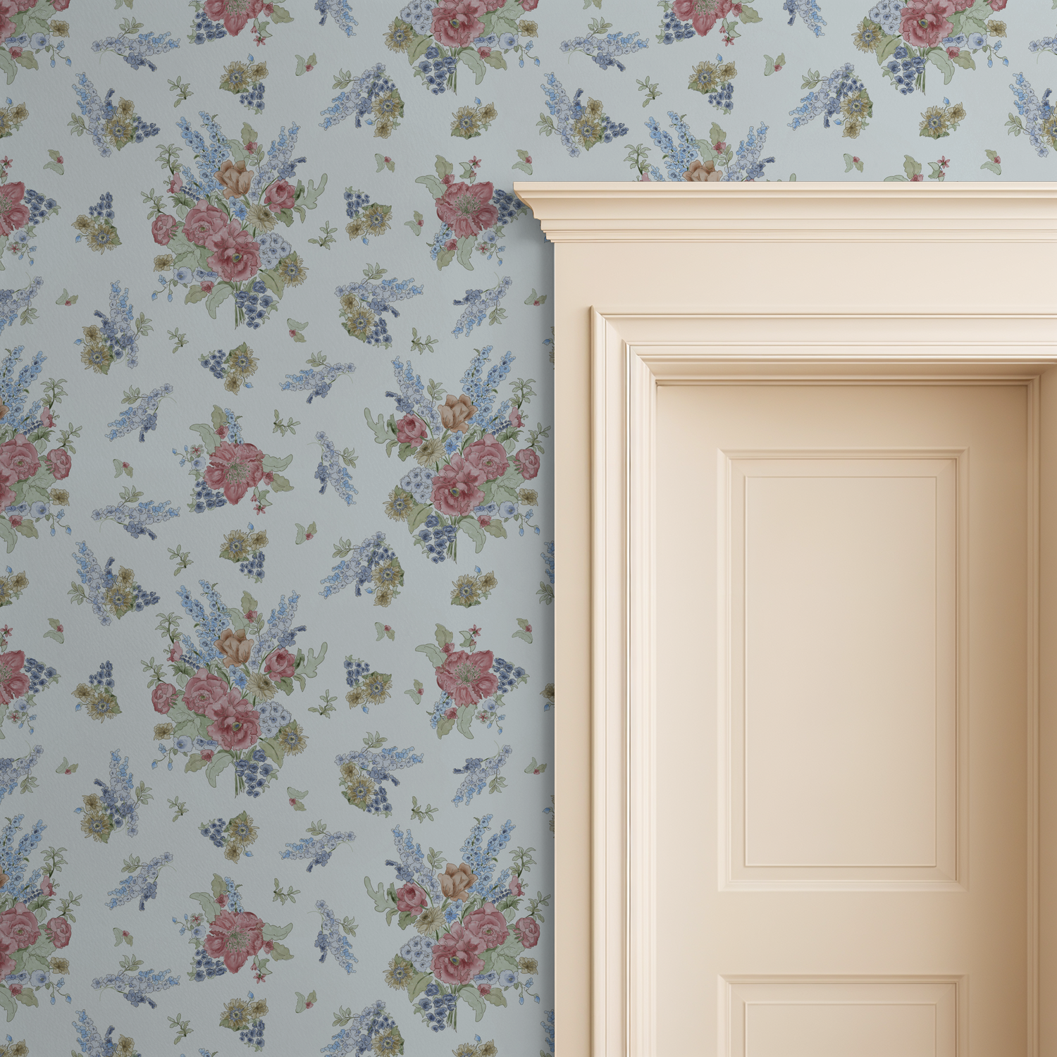 Floral wallpaper with a door in the foreground