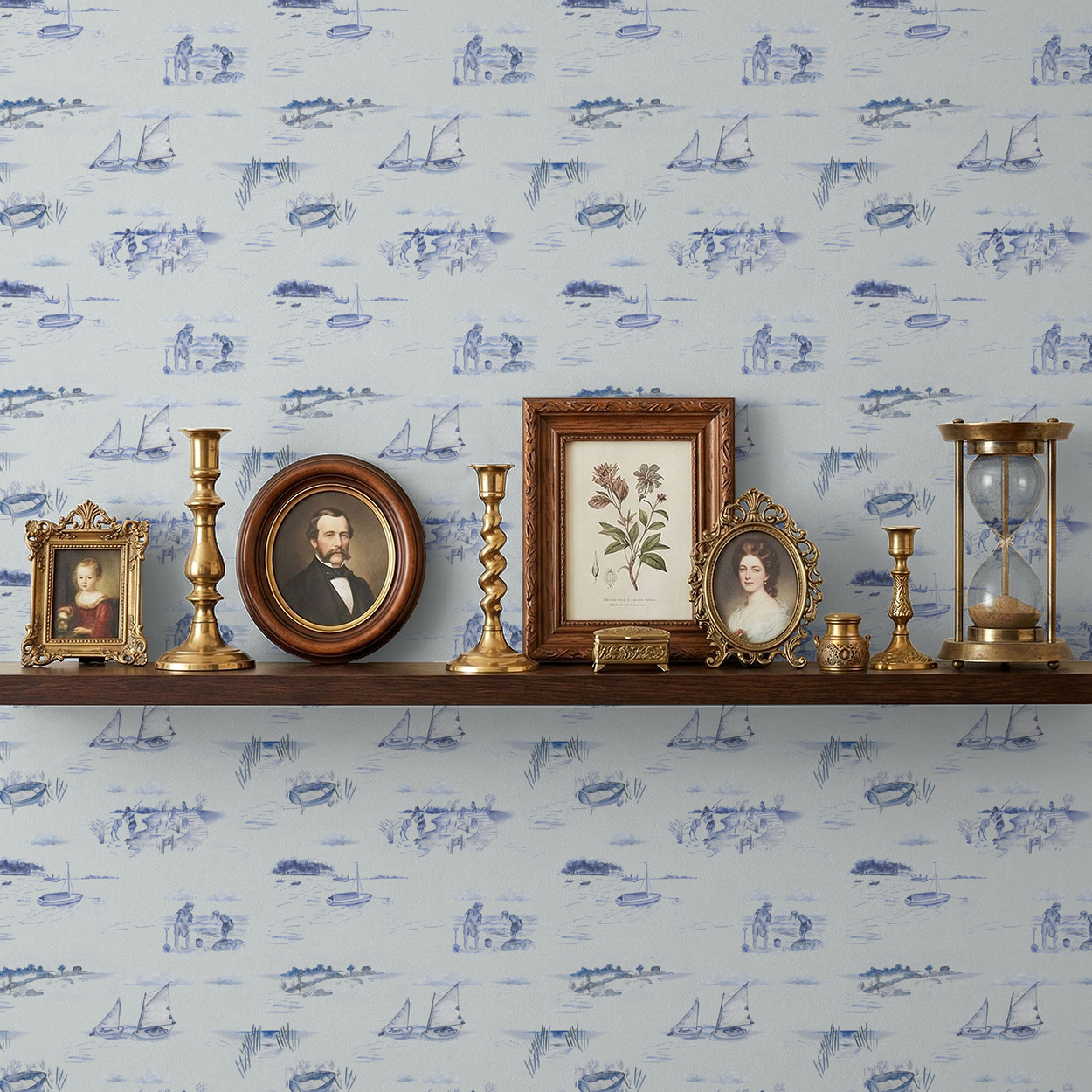Decorative shelf with vintage items against a patterned wallpaper background