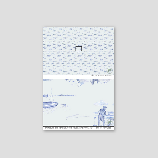Wallpaper sample with coastal design featuring boats and a person on a gray background