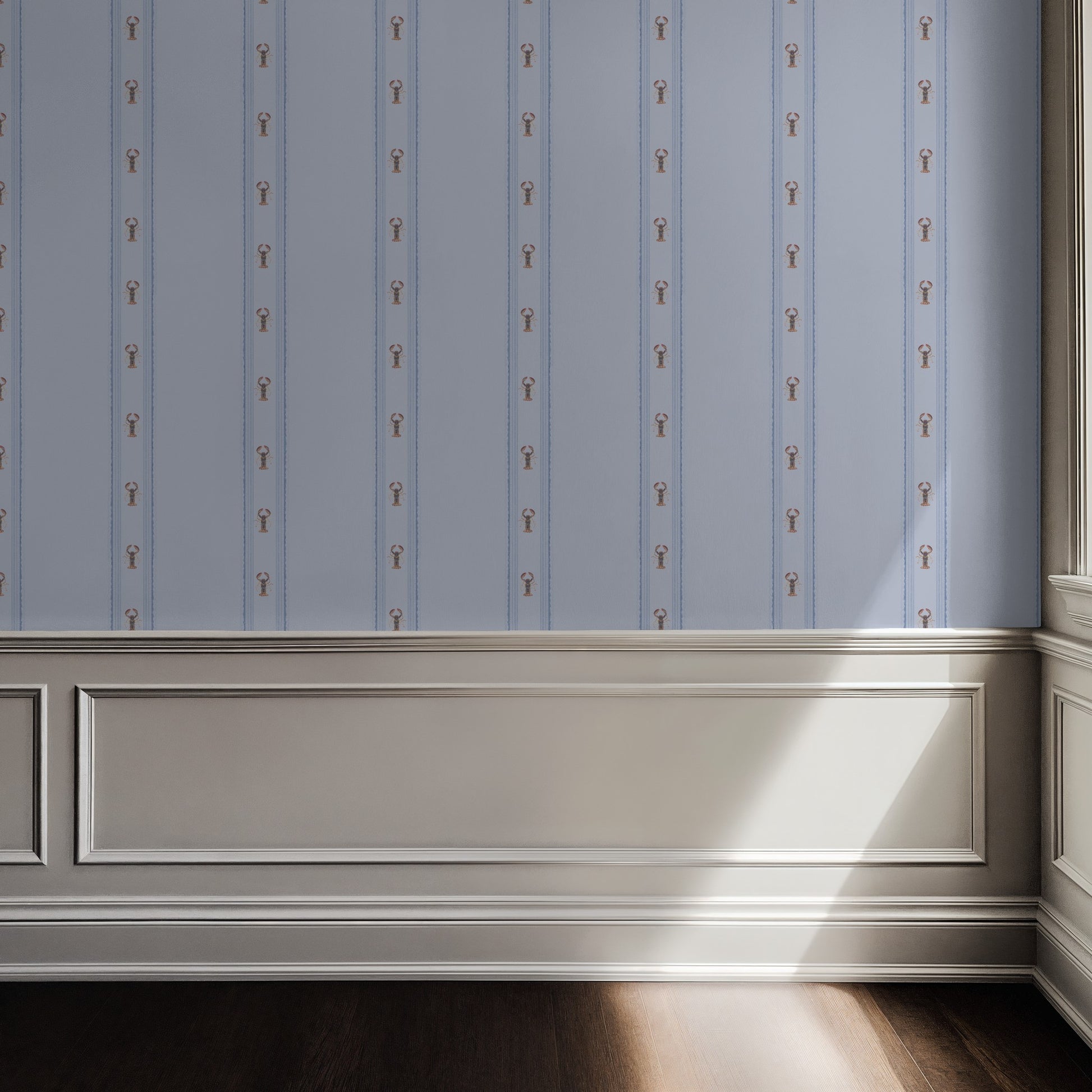 Wall with decorative blue and gold striped wallpaper