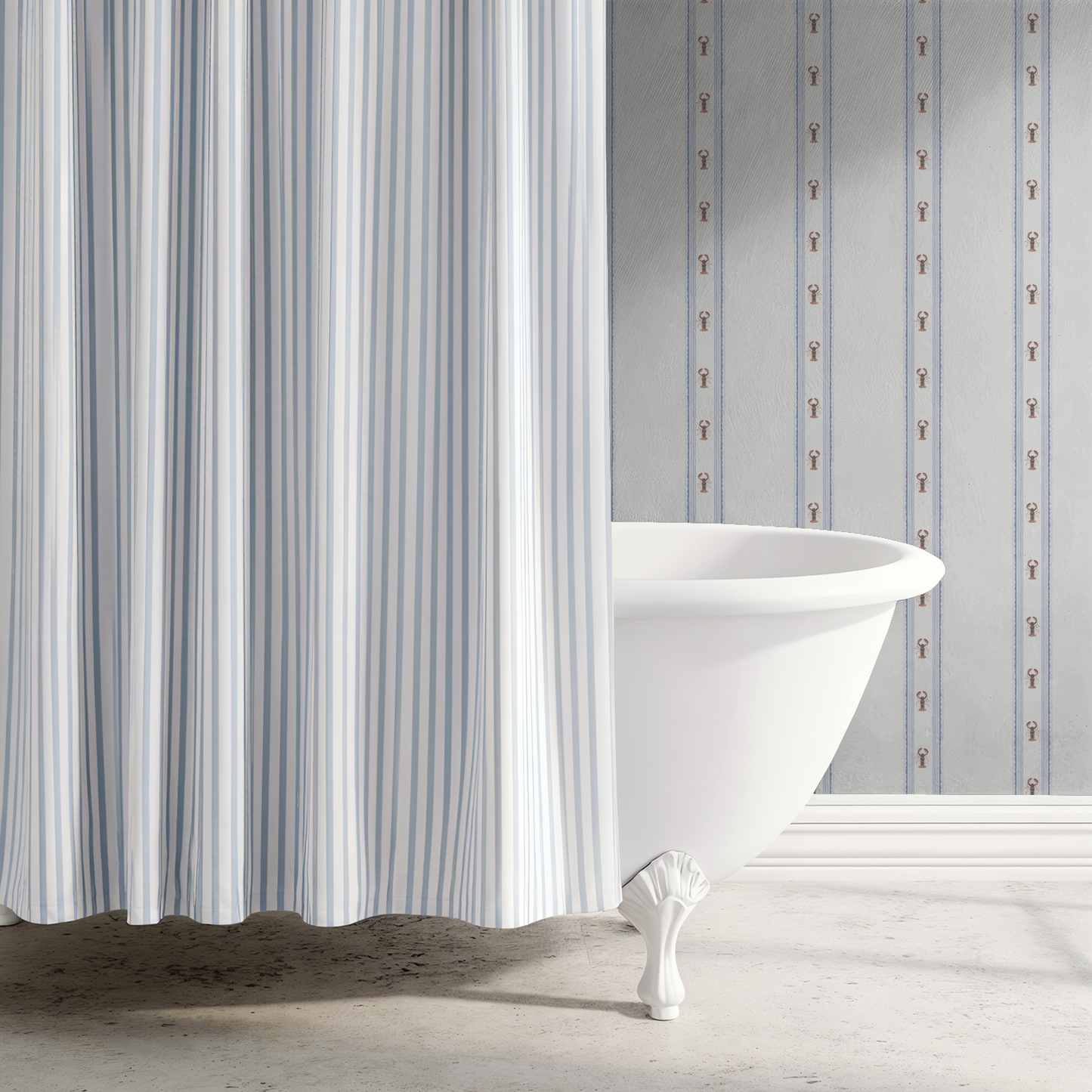 Bathroom with a freestanding bathtub against a striped wallpaper wall.