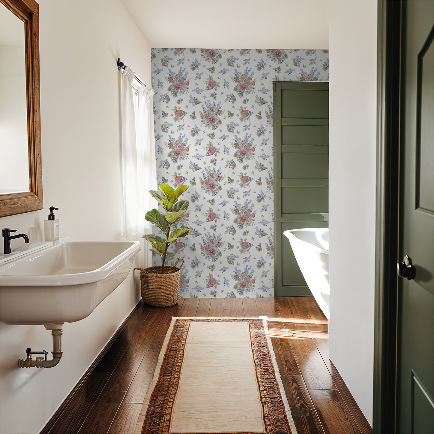 Bathroom interior with floral wallpaper, sink, and rug.