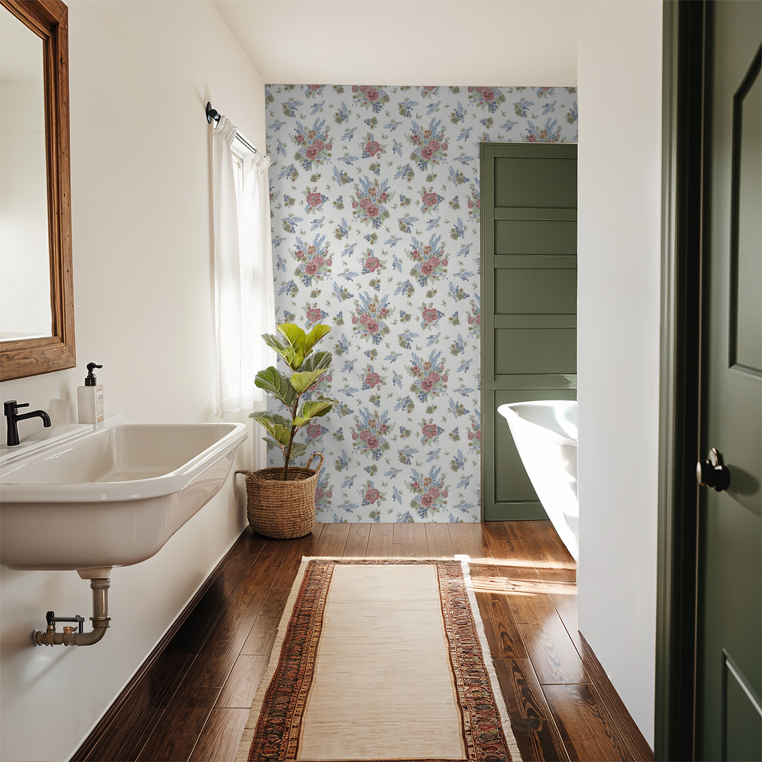 Bathroom interior with floral wallpaper, sink, and rug.