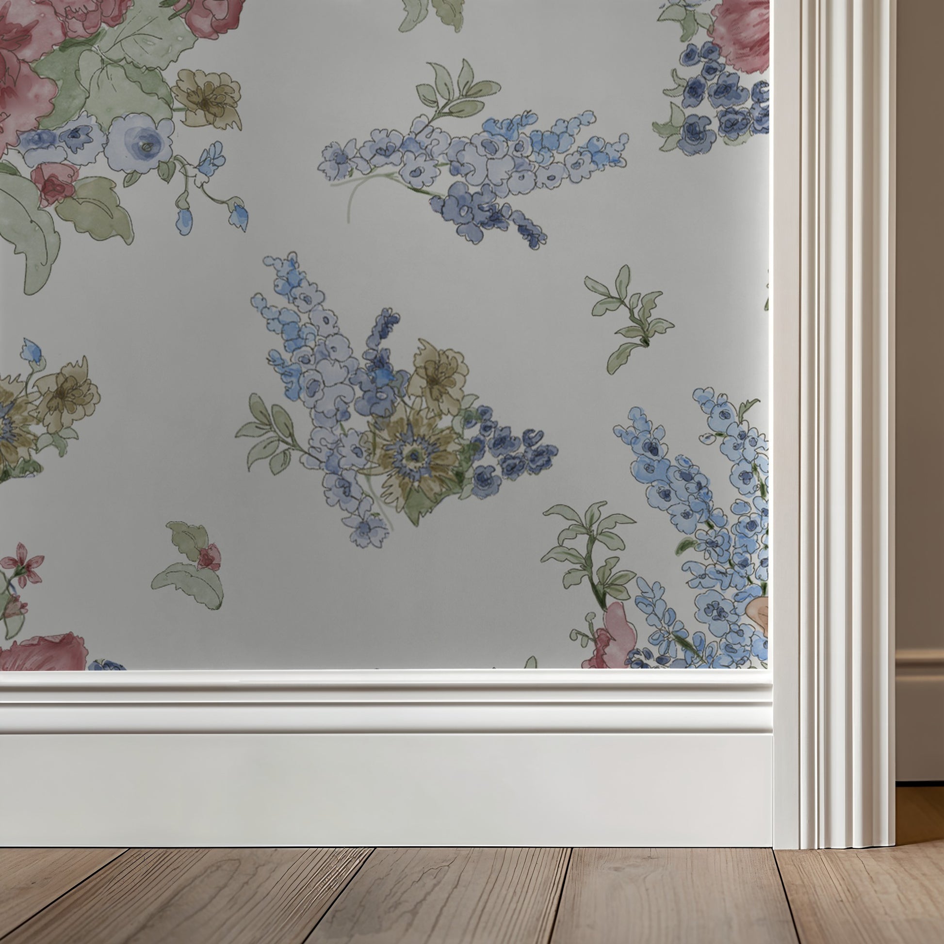 Floral wallpaper with blue and pink flowers on a white background