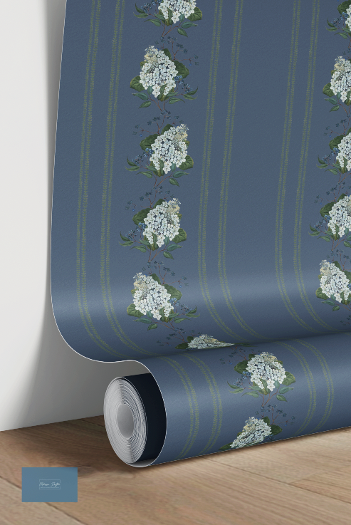 Roll of wallpaper with floral pattern on a blue background