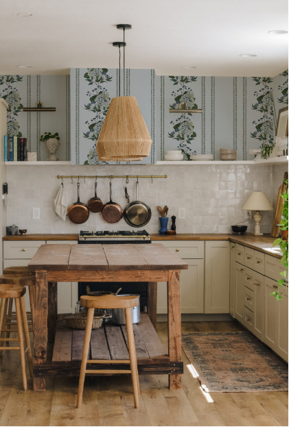 Modern kitchen with wooden table and stools, stainless steel appliances, and floral wallpaper.