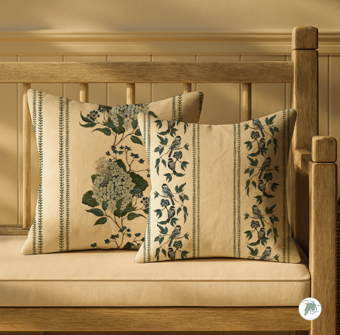Decorative pillows with floral patterns on a wooden bench.